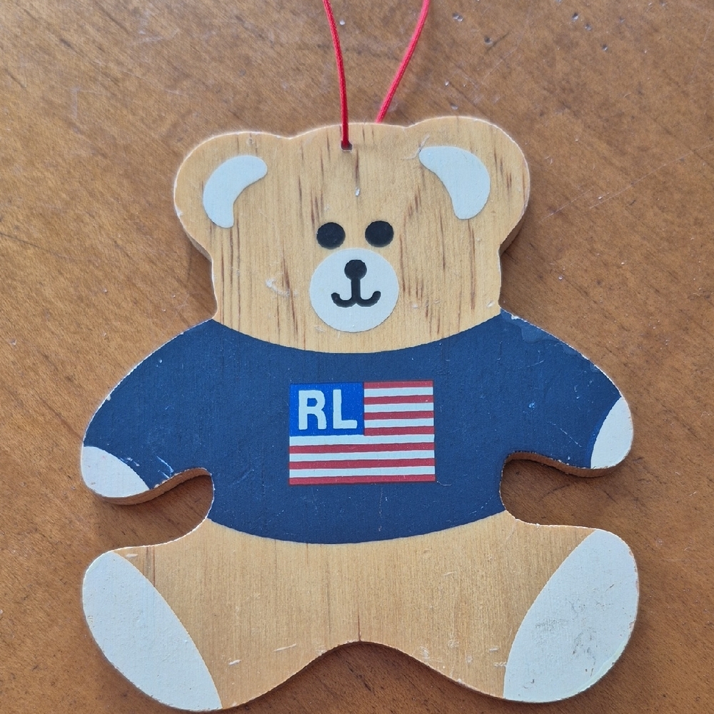 Vintage 1996 Rare Ralph Lauren Wood Bear Ornament with Blue Sweater
